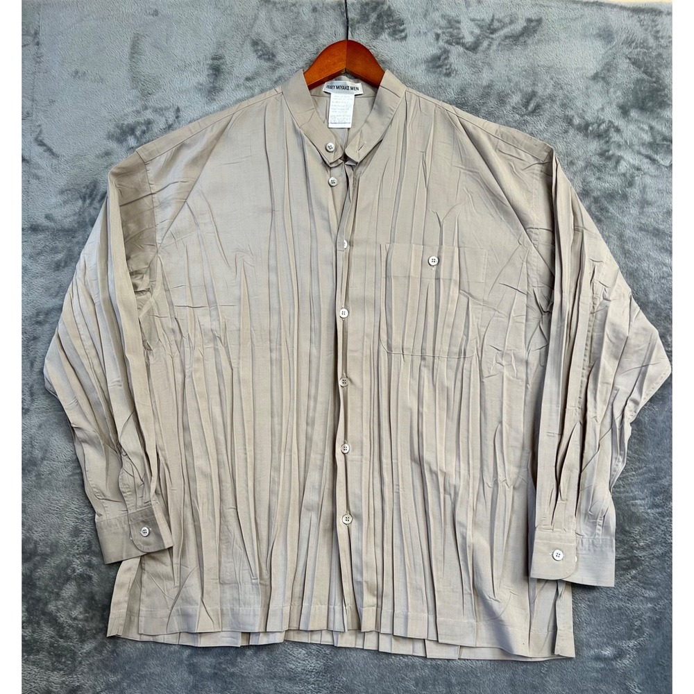 Issey Miyake Men Poly Wrinkle Pleated Band Collar Shirt Mens Small Tan